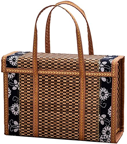 Geroosaty - Cesta de picnic tejida de mimbre, bolsa de almacenamiento, asa de ratán, hierba plegable, cesta de bambú
