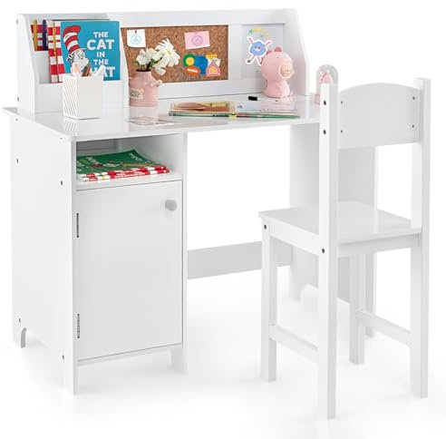 COSTWAY Scrivania per Bambini con Sedia, Set Tavolo e Sedia con Lavagna, Pennarello, Armadietto e Bacheca, Postazione Computer per Studenti e Tavolo da Scrittura per 3+ Anni, Bianco (Bianco)