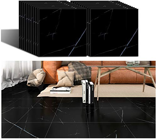 VEELIKE PVC-golvbeläggning Marmoroptik Svart PVC-kakel Garage Badrum Kök 24 stycken Vinylgolvbeläggning Självhäftande Marmor Vinyl Kakeldekal Golvplattor Avtagbar 1,5 mm 30 x 30 cm