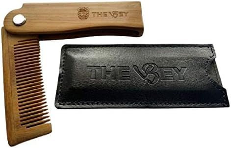 The Bey Peigne en bois de santal pour soin de la barbe et des cheveux, pliable, facile à transporter avec étui en cuir synthétique.