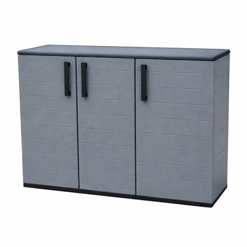 BuyStar Armadio Basso 3 Ante da Esterno 102x37x84h cm Ripiani Regolabili - Antiusura, Idrorepellente, Chiusura a Scatto, Robusto, Anti odore, Lavabile - Plastica Eco Sostenibile Grigio