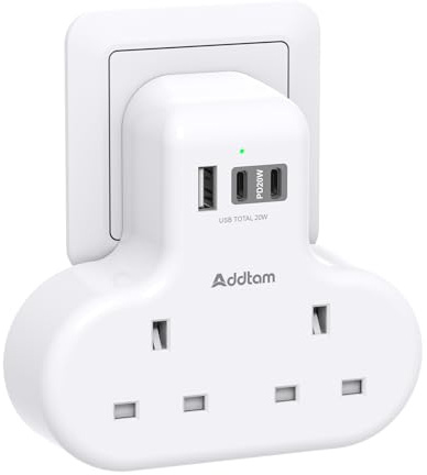 PD 20W Double Plug Extension with 3 USB Ports (2 USB-C), 2 Way Multi Plug Adaptor, 13A UK 3 Pin Socket Extension for Home, Office, Travel and School Supplies