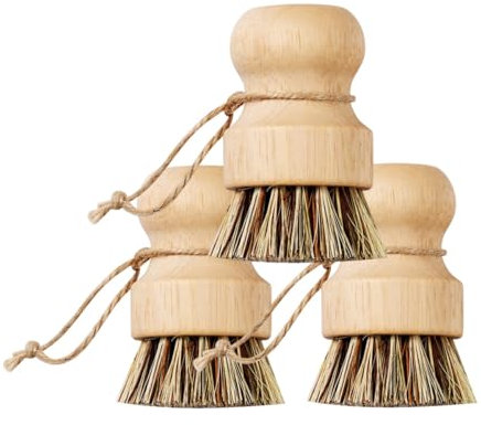 3 cepillos de bambú para sartén, ecológicos, de madera natural, cerdas de fibra de sisal, para lavavajillas, ollas de hierro fundido, sartén, verduras, fregadero, 3 unidades