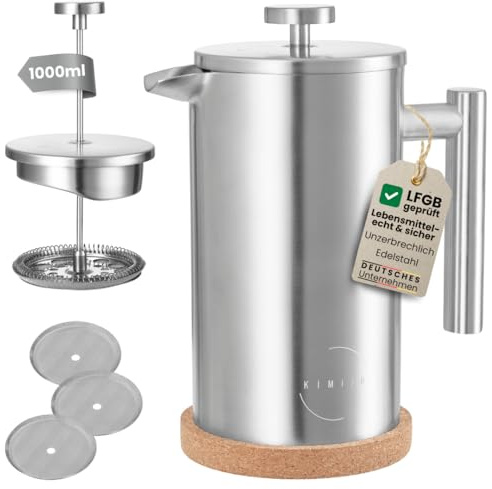 KIMIJO® French Press kaffebryggare, borstat rostfritt stål, inkl. 3 ersättningsfilter och korkunderlägg – dubbelväggiga med varmhållningsfunktion – 1 liter – 5 koppar