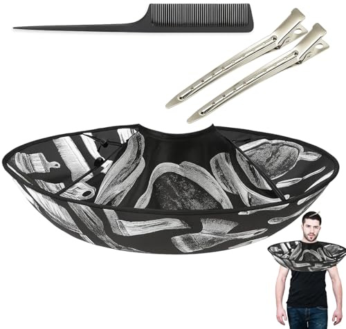 Friseurumhang mit Schirm Design – Wasserdichter Schneideumhang 60 cm mit Klettverschluss, Frisierumhang inkl. 1 Kamm & 2 Abteilklammern, Faltbar, Schwarz – für Haarschnitt, Styling & Bartpflege