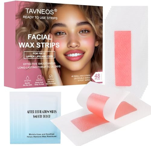 48 PCS Facial Wax Strips for Hair Removal on Face & Body | Gentle Rose Extract Formula for Sensitive Skin | At-Home Waxing Kit for Eyebrows, Upper Lip, Bikini, Brazilian with 6 Calming Oil Wipes
