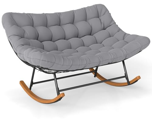 COSTWAY Silla Mecedora Doble con Cojín Acolchado, Butaca Mecedora Salón XXL Estructura Metálica, Sillón Balancin para Jardín Terraza Interior Exterior, 110,5 x 150 x 81 cm, Carga 320 kg (Gris)