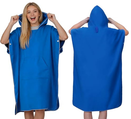Poncho Surf Microfibre Adulte, Serviette Poncho de Bain avec Capuche Séchage Rapide Léger et Compact, Peignoir à Langer Serviette Plage pour Surf Natation Piscine Sports Aquatiques Homme Femme(Moyen)