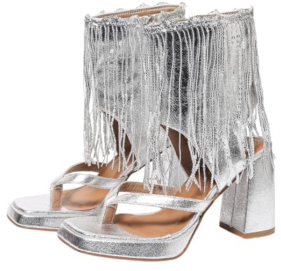 Sandalias de plataforma con flecos y lentejuelas para mujer, botas de tobillo con tacón de bloque metálico, Silver, 38 EU