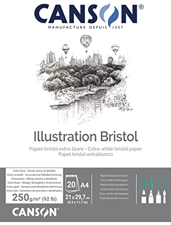 Canson, Papel Bristol, Extra Suave, 250g, Encolados por el lado corto, A4-21x29,7cm, Extra Blanco, 20 Hojas