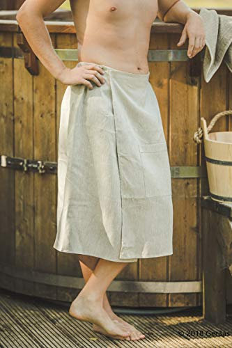 Ger3as - Toalla de Sauna para Hombre, 100% Lino, Largo hasta la Rodilla, con Goma elástica y Cierre Sujetadores de Gancho y Bucle