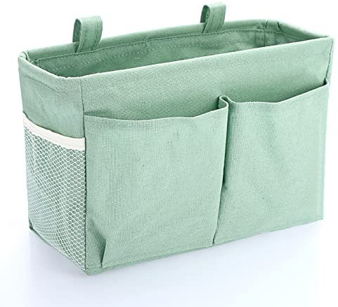 SUMTree Borsa organizer da comodino appesa Cestino portaoggetti impermeabile da comodino 5 tasche e nastro adesivo magico per rivista, telefono, penne, telecomando (verde)