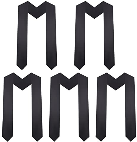 Tongcloud 5pcs 70 Inch Unisex Graduation Stole Sash Adult Plain Graduation Honor Satin Stole for Men Women Black