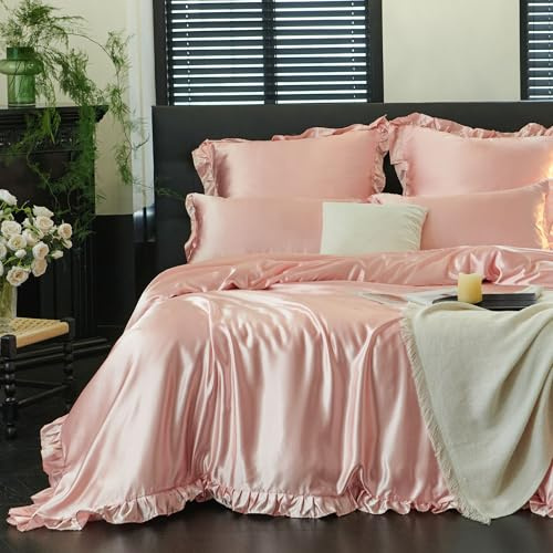 Freyamy Satin Bettwäsche 155x220 Glatt Luxus Seide Glanzsatin Bettwäsche Set Rosa Einfarbig Rüschen Romantisch Sommer Mädchenbettwäsche 1 Bettbezüge und Kissenbezug 80x80 mit Reißverschlüsse