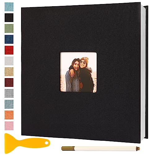 Album Fotos Autoadhesivo 28x27 de Lino Álbum de Fotos para Pegar Y Escribir Grande Photo Album Personalizados Tradicionales Scrapbook Bebe Primer Año Comunion Libro Firmas Boda, 60 Páginas Negro