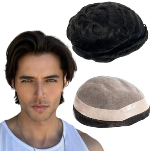 Toupee for Men Human Hair Mens Toupee Mono Base with NPU Around Hair Units Curly Wave Mens Wigs Toupee Hair Real Human Replacement System for Man Freestyle Natural Wig #1B Off Black (6x9)