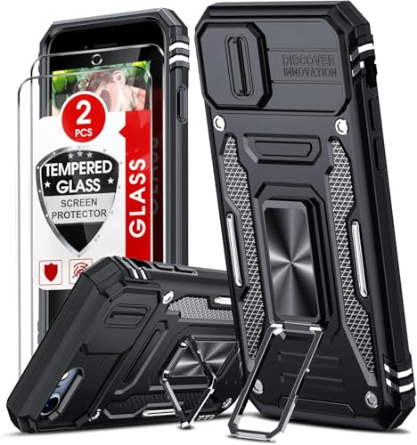 LeYi Cover per iPhone 8/7 /SE 2020/2022 con Vetro Temperato [2 Pack],Custodia con Protezione Fotocamera [Slidable] Antiurto Militare 360° Anello Supporto TPU Bumper Silicone Custodie 5.7'', Nero
