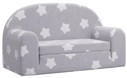 vidaXL Canapé-lit Enfant 2 Places, Lit de Jour avec Dossier et Accoudoirs, Lit d'Invité pour Tout-Petits Chambre, Gris Clair Étoiles Peluche Douce
