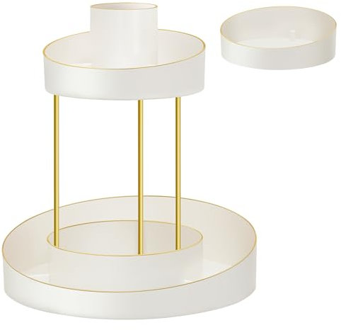 SONGMICS Make-up Organizer drehbar, mit extra Tablett oben, Kosmetik-Organizer rund 2 Ebenen, Schmink-Aufbewahrung, geräumig, für Schminktisch, Schlafzimmer, Küche, weiß-goldfarben JKA027W01