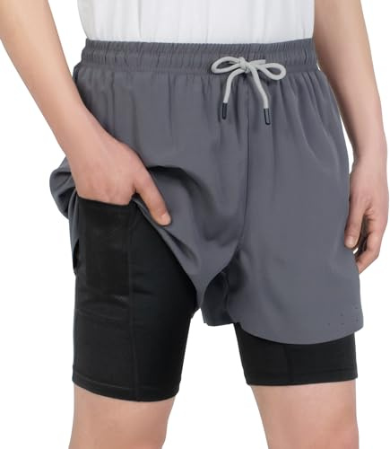 LAUSONS Jungen Trainingsshorts 2 in 1 mit integrierter Kompressionshose Kurze Sporthose Kinder Shorts Laufshorts Schnelltrocknend Kurze Hose mit Taschen Grau DE: 164-174 (Herstellergröße 170)