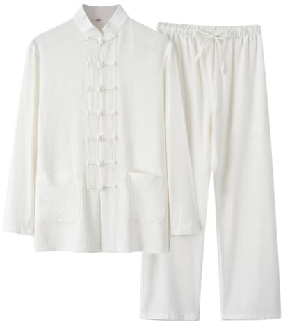 Oanviso Completi Uomo Tuta Cotone e Lino Completi Due Pezzi Pantaloni Camicia Henley Stile Cinese Tute da Jogging Leggero Tuta di 2 Pezzi Maniche Lunghe Set Retro Casual Suits Kung Fu A Bianco S