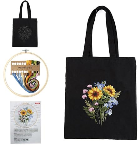 Homewit Tote Bag Stickset für Anfänger, Canvas Taschen Stickset Schwarze DIY Sticktasche Set mit Sticken Set Erwachsene, Stickrahmen, Farbfäden, Anleitungen und Werkzeug, 24,5 * 10 * 38,5cm