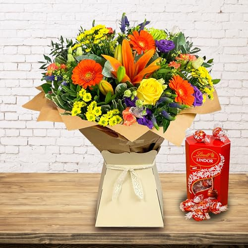 Country Daze Hand-Tied Flower Bouquet - Fresh Orange Germini, Yellow Spray Roses, Green Chrysanthemums - Ideal Birthday, Anniversary, Thank You Gift - Includes Chocolates