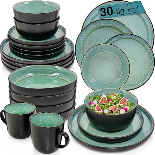 SÄNGER Fiji | Kombiservice 6 Personen, Teller Set Kaffeebecher Pastaschale 30 tlg, Steingut Geschirr Set spülmaschinen- mikrowellen- kratzfest, Geschirrset aus Steingut dunkelgrün | VALUE COLLECTION