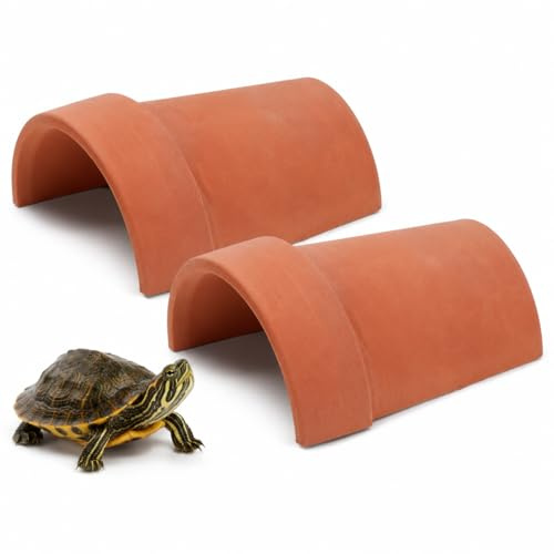 Milisten 2Pcs Pottery Clay Turtle Hideout - Breathable Reptile Cave and Basking Platform - Terrarium Ornament for Small Lizards, Frogs and Tortoises - Natural Clay Hideaway