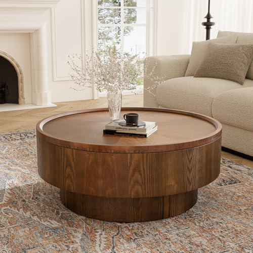 ZUOWENYG Round Drum Table with Storage, Mid-Century Walnut Wooden Center Table for Living Room 77. 97 cm Diameter