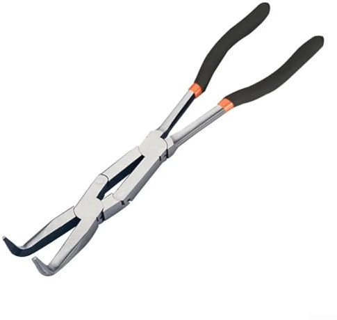 Long Reach Needle Nose Pliers with Compound Joint and Bent Tips Designed for Auto Repair, Electronics, and Craft Projects (90°)