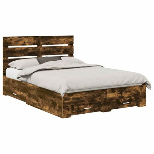 Tidyard Elegant Modern Storage Bed Frame with Built-in Drawers - Smoked Oak Finish 3411976