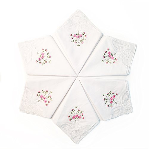 LULUSILK 6 Damen Stoff Taschentücher 100% Baumwolle mit Rosa Blumen Stickereien und Spitze Schmetterling Kante