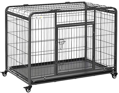 PawHut Metal Dog Cage Kennel Locking Door & Wheels Removable Tray Openable Top For Large Pets 109.5 x 71 x 78 cm