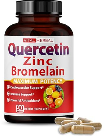 Premium High Purity Quercetin 98% with Bromelain Capsules Equivalent to 3470 mg - Maximum Potency with Green Tea Ashwagandha - Supports Overall Health Strength Energy - 90 Days Supply