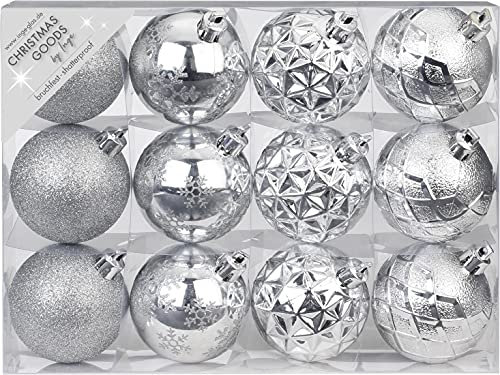 Julgranskulor i plast, 6 cm x 12 stycken, set med mönster, blandning, julgranskulor silver