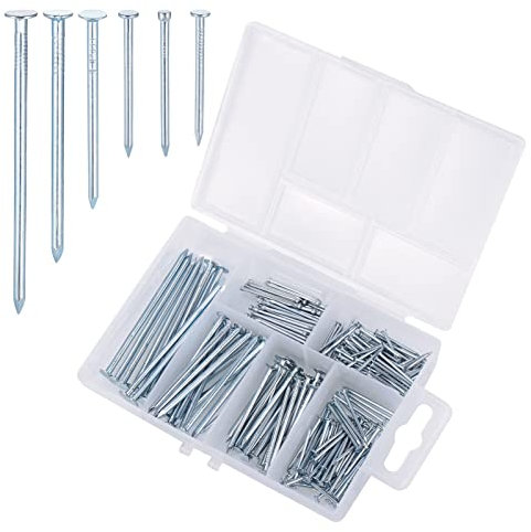 Fentar 240 Stück Nägel Set, Zementnagel Senkkopfnägel, 6 Größen Stahlnägel Bildernägel Betonnägel, Wandnägel mit Kunststoff-Box, verzinkte Beton nägel zum Aufhängen von Bildern und Holzbearbeitung