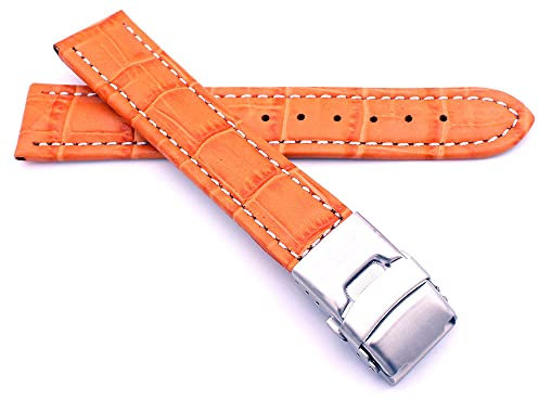Sulla 22mm Uhrenband Alligator Prägung Genuine Leder Armband mit Faltschließe aus Edelstahl Orange Weiße Naht