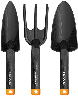 Fiskars Ensemble d'Outils de Jardin, 3 pièces, Pelle à Fleurs, Pelle à plantes, Fourche à plantes, FiberComp, noir/orange, Solid, 1051476