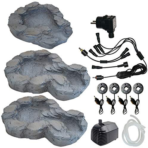BACHLAUF QUELLBACH II mit LED, 230V, Wasserkaskade Quell-Kaskade Wasserfall Bachlaufschale Wasserspiel - Quellschale in Natursteinoptik für Garten, Gartenteich, Teich, Vogelbad (Set - dunkel Grau)