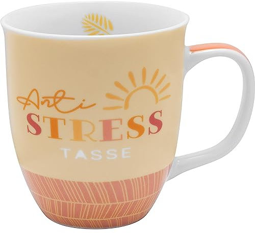 GRUSS & CO Tasse Motiv Anti-Stress | Porzellan, 40 cl, Tasse mit Spruch, Geschenkanhänger | Geschenk Freundin, Entpannung | 48202
