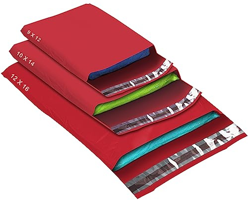 50 Mixed Size Red Mailing Bags, Red 3 Sizes Self Seal Strong Waterproof Poly Plastic Envelopes for Parcels, Packaging, Small, Medium, Large Mail, Shipping Courier Delivery Bags