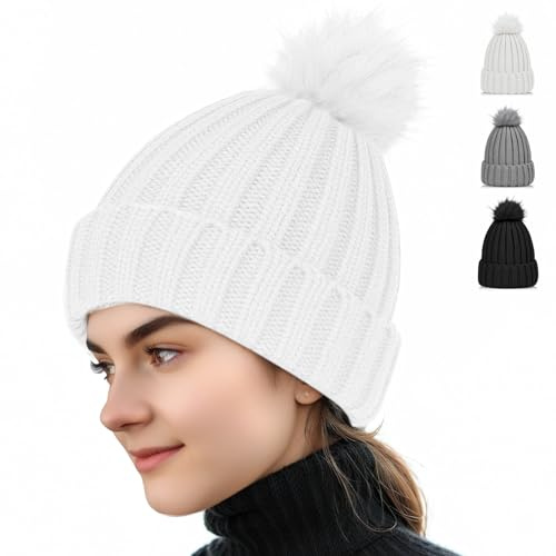 Beanie hat for Women, Soft Winter Hats with Faux Fur Pom for Women, Thick Knitted Ski Cap Warm Hat, Warm Fleece Lining Beanie for Cold Weather Outdoor Camping Hiking Skiing White