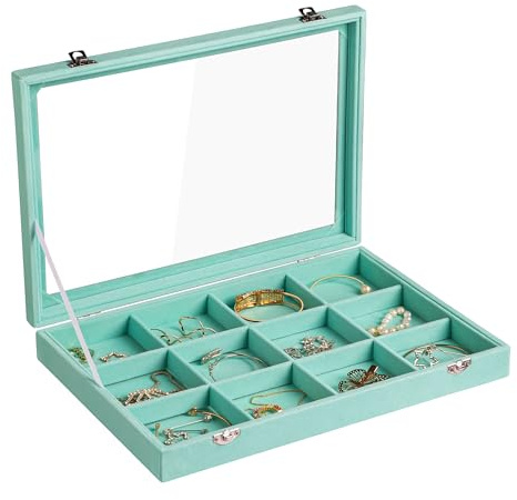 Frebeauty Bandeja de Joyería de Terciopelo, Organizador de Joyas de 12 Compartimentos con Tapa Transparente, Soporte para Pulseras, Vitrina de Joyería con Cierre, Inserto de Cajón para Pulseras y