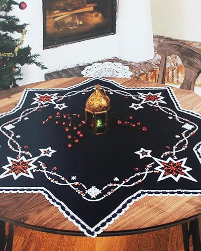 KAMACA Luxus-Stickpackung blau in Sternen - Form mit SPITZE Stickdecke Spannstich Plattstich vorgezeichnet Baumwolle Stickset mit Stickvorlage Weihnachten (Weihnachtsstern dunkelblau 75x75 cm)