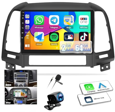 【2G+64G】 Android 13 Car Stereo for Hyundai Santa Fe Radio 2006-2012 Wireless CarPlay Android Auto GPS Navigation 9” HD Touchscreen Bluetooth SWC FM/WiFi/Mirror Link+Backup Camera