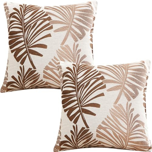 Tennove Cushion Covers 40x40cm Cotton Linen & Velvet Soft Throw Pillow Covers Set of 2 Decorative Tropic Leaf Pattern Square Cushion Cases Pillowcases for Couch Sofa Home Décor, Brown