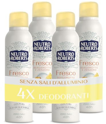 Neutro Roberts Deodorante Spray Fresco Giallo, Bergamotto e Zenzero, Zero Sali di Alluminio, Zero Macchie, con Puro Olio di Glicerina, Uomo e Donna, Dermatologicamente testato, 48h - 4 Pezzi da 150 ml