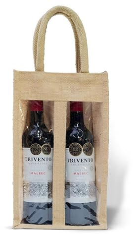 Discount Fabrics LTD Hessian Window Wine Bag: Jute Bottle Carrier with Drawstrings - Gift Bag for Birthdays, Weddings, Parties, Christmas (2 Window, 1 Pack)