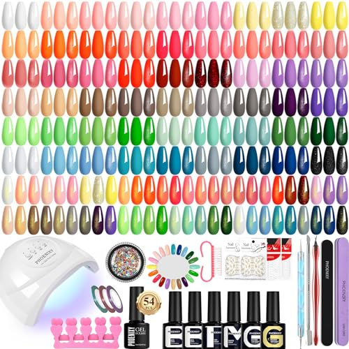 Phoenixy Set de Manucure Semi-Permanent, 60 PCS Vernis à ongles Semi-Permanent Kit Outils d'Ongles Complet Kit avec 48W Lampe UV d'Ongles Gel Base de Pailleté Glossy Matte Top Coat de Décoration